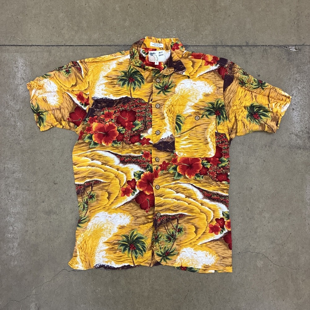 M.E. Sport Hawaiian Shirt Mens Size L Floral 100% Rayon Short Sleeve Button Up